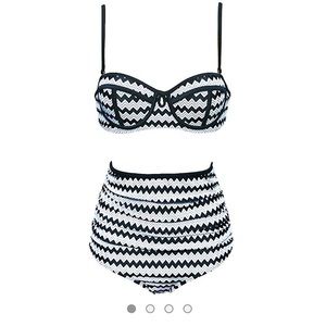 Black and White Chevron High-Waist Bikini